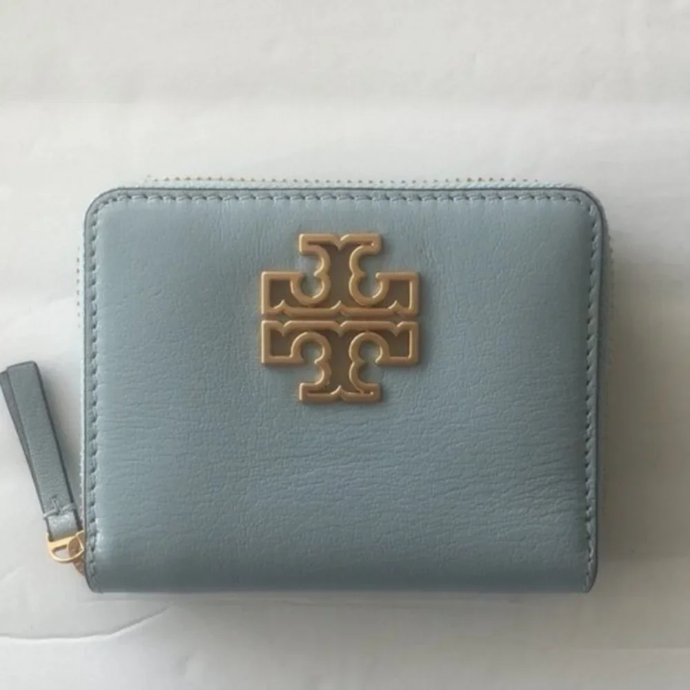 Tory Burch Britten Textured Leather Medium Blue Zip Around Wallet